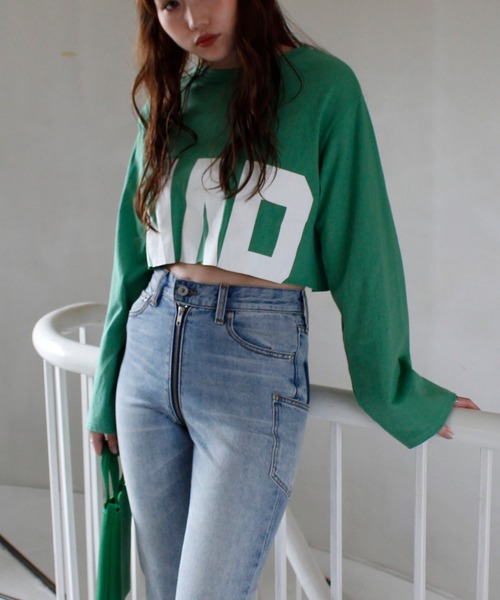 SPIRALGIRL（スパイラルガール）の「カッティングショートロングスリーブＴシャツ（Tシャツ/カットソー・レディース・グリーン/オフホワイト/ブラック・FREE）」の3枚目の写真