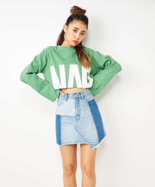 SPIRALGIRL（スパイラルガール）の「カッティングショートロングスリーブＴシャツ（Tシャツ/カットソー・レディース・グリーン/オフホワイト/ブラック・FREE）」の7枚目の写真