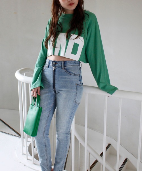 SPIRALGIRL（スパイラルガール）の「カッティングショートロングスリーブＴシャツ（Tシャツ/カットソー・レディース・グリーン/オフホワイト/ブラック・FREE）」の14枚目の写真