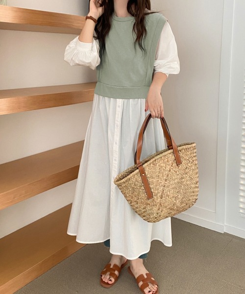 ABITOKYO（アビトーキョー）の「レイヤード風カットドッキングシャツワンピース（ワンピース・レディース・ベージュ/ライトグリーン/パープル/サックスブルー/ネイビー/キナリ/ブラック・FREE）」の5枚目の写真