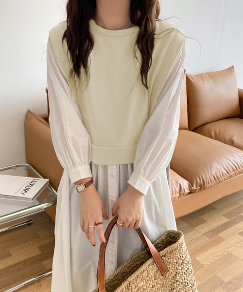 ABITOKYO（アビトーキョー）の「レイヤード風カットドッキングシャツワンピース（ワンピース・レディース・ベージュ/ライトグリーン/パープル/サックスブルー/ネイビー/キナリ/ブラック・FREE）」の2枚目の写真