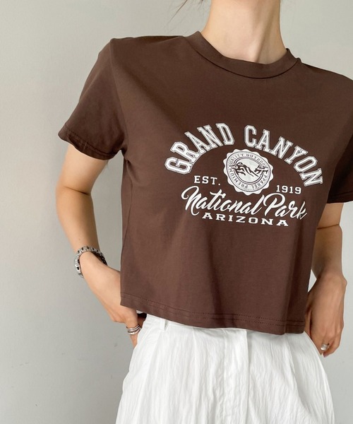 me+em select（ミームセレクト）の「ショート丈カレッジロゴTシャツ（Tシャツ/カットソー・レディース・アイボリー/ブラウン/ブラック/グレー・FREE）」の2枚目の写真