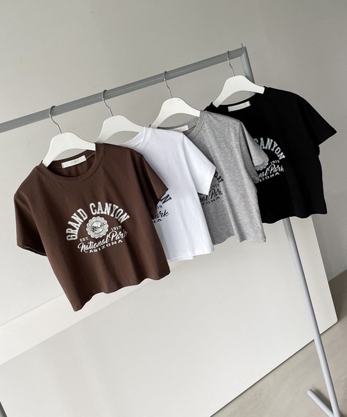 me+em select（ミームセレクト）の「ショート丈カレッジロゴTシャツ（Tシャツ/カットソー・レディース・アイボリー/ブラウン/ブラック/グレー・FREE）」の4枚目の写真