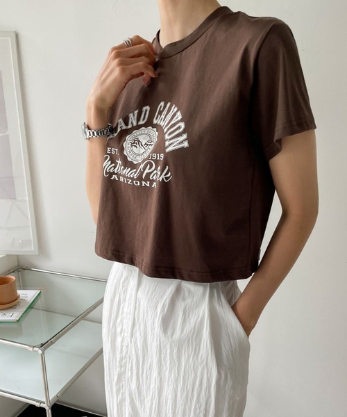 me+em select（ミームセレクト）の「ショート丈カレッジロゴTシャツ（Tシャツ/カットソー・レディース・アイボリー/ブラウン/ブラック/グレー・FREE）」の14枚目の写真