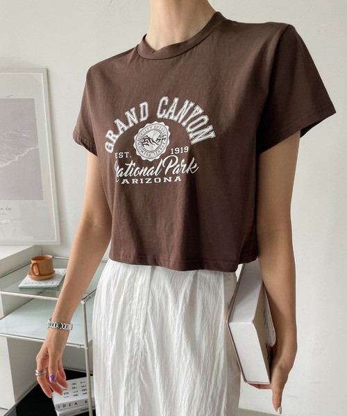 me+em select（ミームセレクト）の「ショート丈カレッジロゴTシャツ（Tシャツ/カットソー・レディース・アイボリー/ブラウン/ブラック/グレー・FREE）」の16枚目の写真