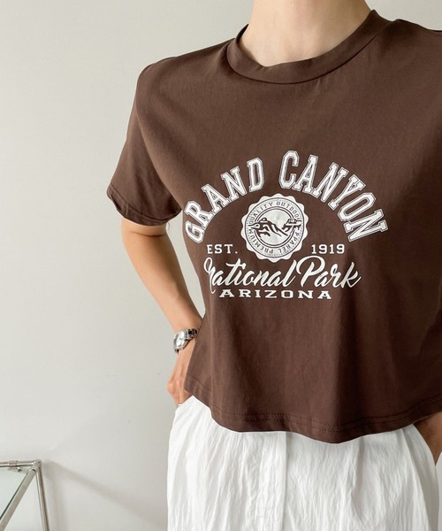 me+em select（ミームセレクト）の「ショート丈カレッジロゴTシャツ（Tシャツ/カットソー・レディース・アイボリー/ブラウン/ブラック/グレー・FREE）」の19枚目の写真