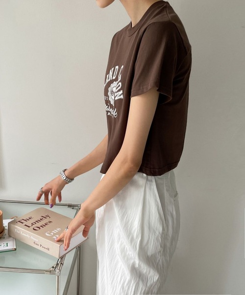 me+em select（ミームセレクト）の「ショート丈カレッジロゴTシャツ（Tシャツ/カットソー・レディース・アイボリー/ブラウン/ブラック/グレー・FREE）」の21枚目の写真
