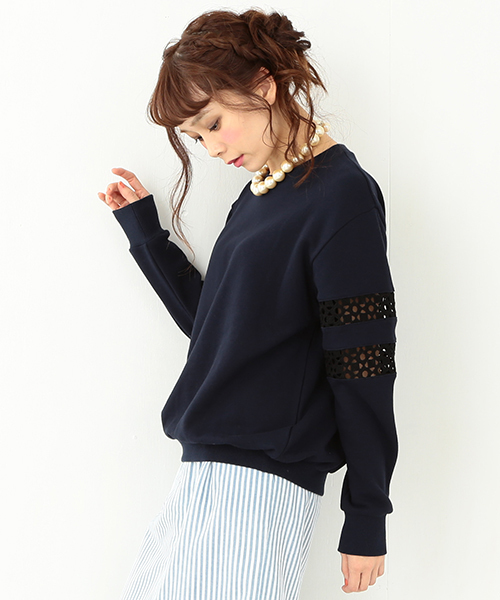 CAROLINA GLASER（カロリナ グレイサー）の「CAROLINA GLASER / レーシーライントップス（スウェット・レディース・クリーム/ネイビー・ONE SIZE）」の18枚目の写真