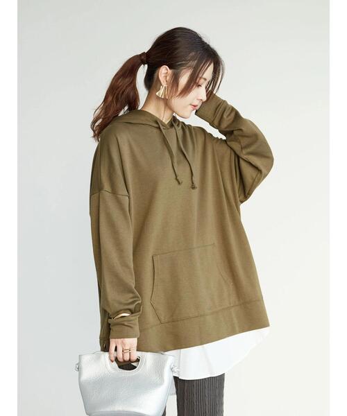 Green　Parks（グリーンパークス）の「Z 裾フェイクパーカーチュニック＊（パーカー・レディース・チャコールグレー/ベージュ/ダークカーキ・FREE）」の19枚目の写真