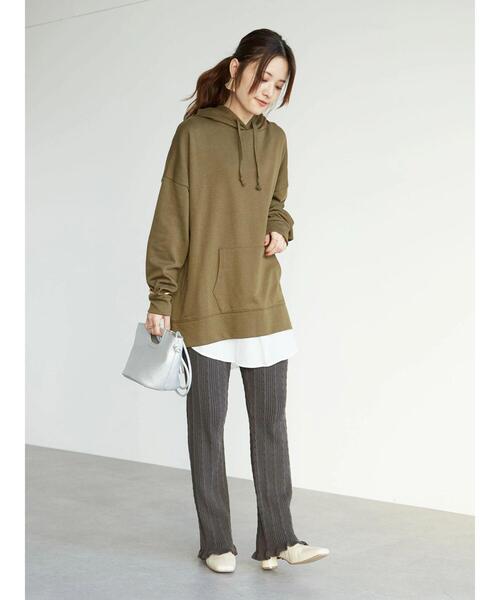 Green　Parks（グリーンパークス）の「Z 裾フェイクパーカーチュニック＊（パーカー・レディース・チャコールグレー/ベージュ/ダークカーキ・FREE）」の12枚目の写真