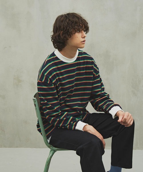 Revo.（レボ）の「モックネックボーダーロングスリーブTee（Tシャツ/カットソー・メンズ・パープル/ネイビー/ホワイト・MEDIUM/LARGE）」の3枚目の写真