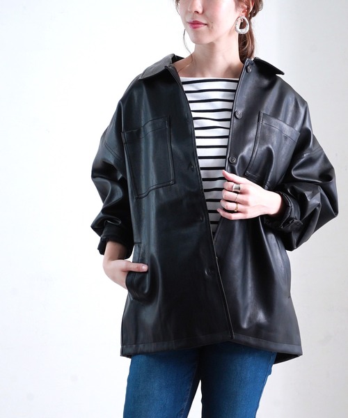 Fizz(フィズ)の「【Fizz/フィズ】 ビッグシルエット フェイクレザーシャツジャケット(その他アウター・レディース・ブラック/ベージュ/グリーン・FREE)」の2枚目の写真