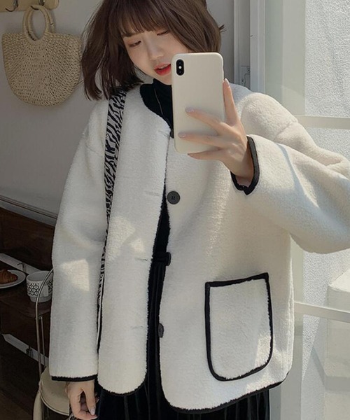 Girly Doll（ガーリードール）の「ノーカラーボアショートコート（ノーカラーコート・レディース・ブラック/キャメル/ホワイト・M/L）」の7枚目の写真