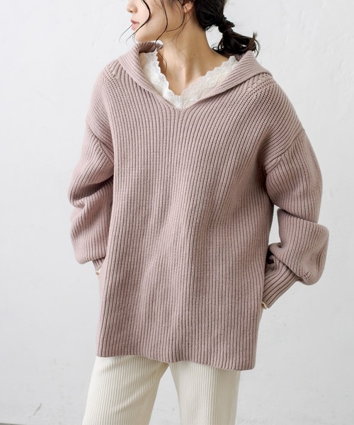 PUAL CE CIN(ピュアルセシン)の「セーラーカラー畦ニットプルオーバー(ニット/セーター・レディース・チャコールグレー/ベージュ/ピンク/キャメル・FREE)」の10枚目の写真