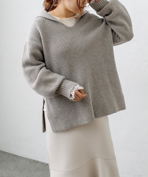 PUAL CE CIN(ピュアルセシン)の「セーラーカラー畦ニットプルオーバー(ニット/セーター・レディース・チャコールグレー/ベージュ/ピンク/キャメル・FREE)」の6枚目の写真