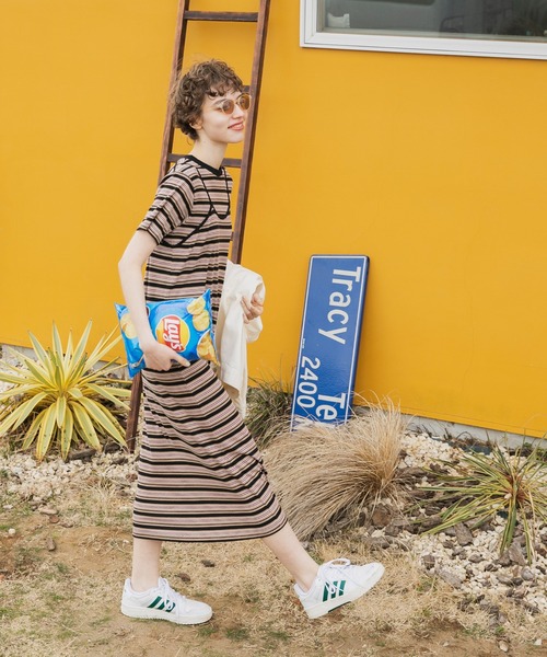 forksy.（フォルクシー）の「【forksy.】マルチボーダーアンサンブルワンピース/半袖Tシャツ＆キャミソールワンピースセット（ワンピース・レディース・ブラック/ブラウン/グリーン/ダークブラウン/ピンク/グレイッシュブルー・FREE）」の21枚目の写真