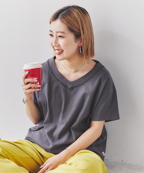 coen（コーエン）の「［UVカット機能付き］USAコットンVネックTシャツ#（Tシャツ/カットソー・レディース・ブラック/ライトピンク/ホワイト/ターコイズブルー/オリーブ/ダークグレー・L/M）」の7枚目の写真