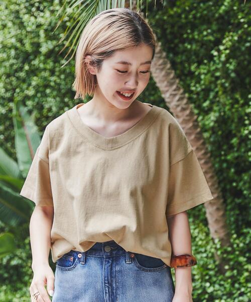 coen（コーエン）の「［UVカット機能付き］USAコットンVネックTシャツ#（Tシャツ/カットソー・レディース・ブラック/ライトピンク/ホワイト/ターコイズブルー/オリーブ/ダークグレー・L/M）」の9枚目の写真