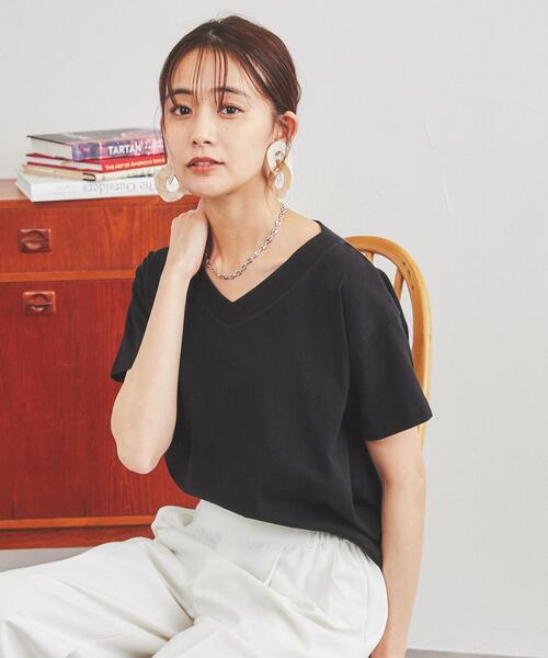 coen（コーエン）の「［UVカット機能付き］USAコットンVネックTシャツ#（Tシャツ/カットソー・レディース・ホワイト/ライトピンク/ブラック/ターコイズブルー/ダークグレー/オリーブ・M/L）」の8枚目の写真