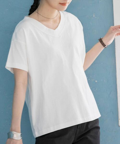 coen（コーエン）の「［UVカット機能付き］USAコットンVネックTシャツ#（Tシャツ/カットソー・レディース・ホワイト/ライトピンク/ブラック/ターコイズブルー/ダークグレー/オリーブ・M/L）」の10枚目の写真