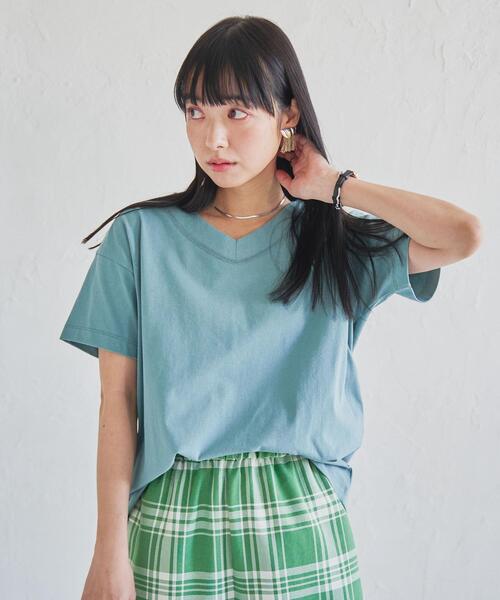 coen（コーエン）の「［UVカット機能付き］USAコットンVネックTシャツ#（Tシャツ/カットソー・レディース・ブラック/ライトピンク/ホワイト/ターコイズブルー/オリーブ/ダークグレー・L/M）」の17枚目の写真