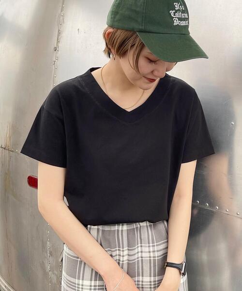 coen（コーエン）の「［UVカット機能付き］USAコットンVネックTシャツ#（Tシャツ/カットソー・レディース・ブラック/ライトピンク/ホワイト/ターコイズブルー/オリーブ/ダークグレー・L/M）」の11枚目の写真