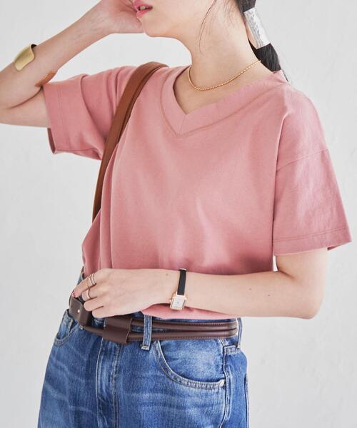 coen（コーエン）の「［UVカット機能付き］USAコットンVネックTシャツ#（Tシャツ/カットソー・レディース・ブラック/ライトピンク/ホワイト/ターコイズブルー/オリーブ/ダークグレー・L/M）」の14枚目の写真