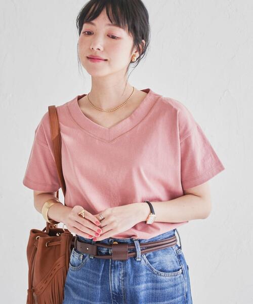 coen（コーエン）の「［UVカット機能付き］USAコットンVネックTシャツ#（Tシャツ/カットソー・レディース・ブラック/ライトピンク/ホワイト/ターコイズブルー/オリーブ/ダークグレー・L/M）」の15枚目の写真