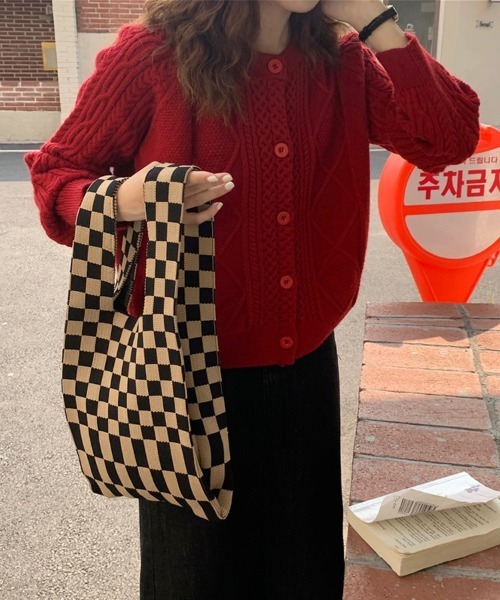 Ressaca（レサーカ）の「フラッグチェック ニット トートバッグ マルシェバッグ（トートバッグ・レディース・ブラック/イエロー/グリーン/ベージュ/ピンク/ブルー・FREE）」の3枚目の写真