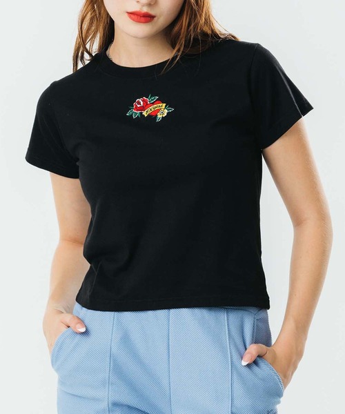 X-girl（エックスガール）の「ROSE HEART EMBROIDERY S/S BABY TEE（Tシャツ/カットソー・レディース・ライトブルー/ブラック/ホワイト・S/M）」の3枚目の写真