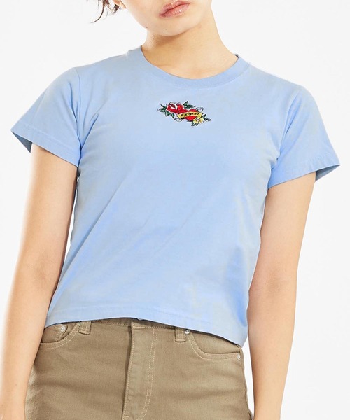 X-girl（エックスガール）の「ROSE HEART EMBROIDERY S/S BABY TEE（Tシャツ/カットソー・レディース・ライトブルー/ブラック/ホワイト・S/M）」の14枚目の写真