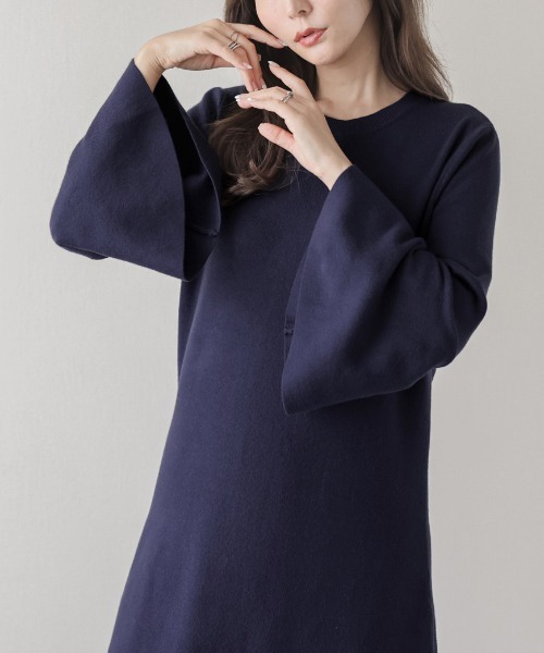 AMELY(エミリー)の「フレア袖ワンピーズ(ワンピース・レディース・ブラック/ネイビー/ベージュ/ライトグレー・フリー)」の6枚目の写真