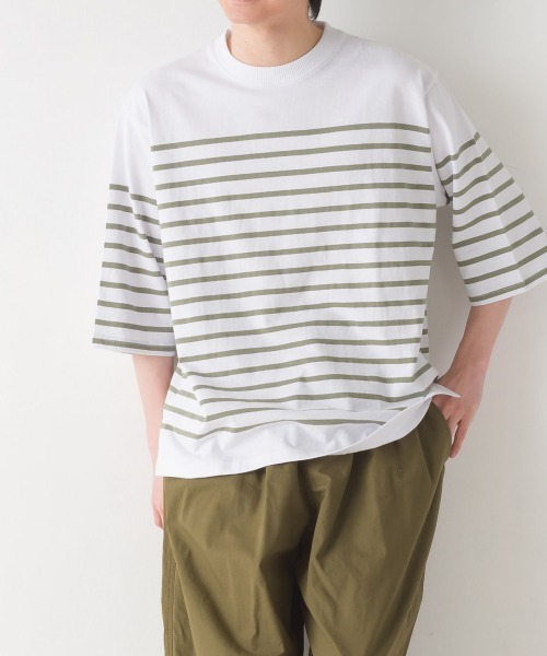 OMNES(オムネス)の「メンズパネルボーダーコットン5分袖Tシャツ(Tシャツ/カットソー・メンズ・ネイビー×ホワイト/ホワイト×ブラック/ホワイト×グリーン/ホワイト×ブルー・LARGE/MEDIUM)」の3枚目の写真