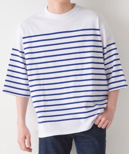 OMNES(オムネス)の「メンズパネルボーダーコットン5分袖Tシャツ(Tシャツ/カットソー・メンズ・ネイビー×ホワイト/ホワイト×ブラック/ホワイト×グリーン/ホワイト×ブルー・LARGE/MEDIUM)」の1枚目の写真