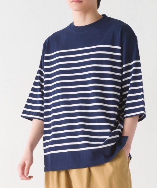 OMNES(オムネス)の「メンズパネルボーダーコットン5分袖Tシャツ(Tシャツ/カットソー・メンズ・ネイビー×ホワイト/ホワイト×ブラック/ホワイト×グリーン/ホワイト×ブルー・LARGE/MEDIUM)」の2枚目の写真