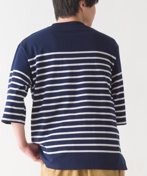 OMNES(オムネス)の「メンズパネルボーダーコットン5分袖Tシャツ(Tシャツ/カットソー・メンズ・ネイビー×ホワイト/ホワイト×ブラック/ホワイト×グリーン/ホワイト×ブルー・LARGE/MEDIUM)」の10枚目の写真