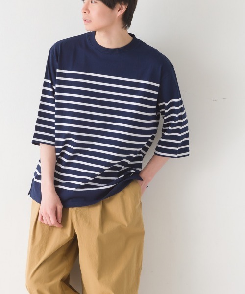 OMNES(オムネス)の「メンズパネルボーダーコットン5分袖Tシャツ(Tシャツ/カットソー・メンズ・ネイビー×ホワイト/ホワイト×ブラック/ホワイト×グリーン/ホワイト×ブルー・LARGE/MEDIUM)」の8枚目の写真