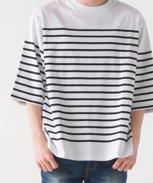 OMNES(オムネス)の「メンズパネルボーダーコットン5分袖Tシャツ(Tシャツ/カットソー・メンズ・ネイビー×ホワイト/ホワイト×ブラック/ホワイト×グリーン/ホワイト×ブルー・LARGE/MEDIUM)」の14枚目の写真