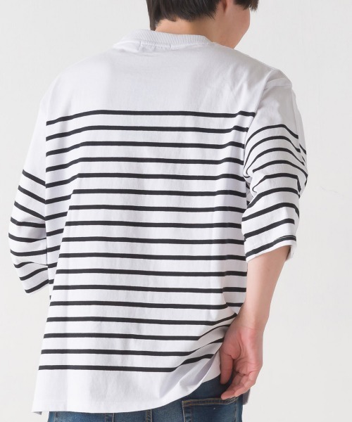 OMNES(オムネス)の「メンズパネルボーダーコットン5分袖Tシャツ(Tシャツ/カットソー・メンズ・ネイビー×ホワイト/ホワイト×ブラック/ホワイト×グリーン/ホワイト×ブルー・LARGE/MEDIUM)」の7枚目の写真