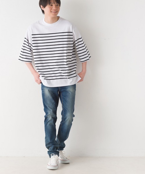 OMNES(オムネス)の「メンズパネルボーダーコットン5分袖Tシャツ(Tシャツ/カットソー・メンズ・ネイビー×ホワイト/ホワイト×ブラック/ホワイト×グリーン/ホワイト×ブルー・LARGE/MEDIUM)」の18枚目の写真