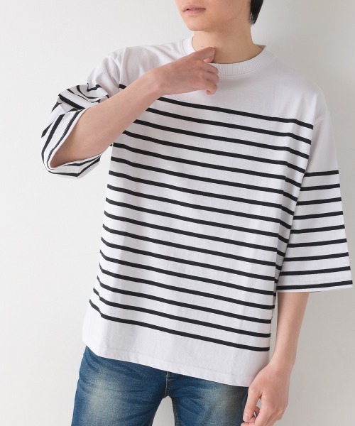 OMNES(オムネス)の「メンズパネルボーダーコットン5分袖Tシャツ(Tシャツ/カットソー・メンズ・ネイビー×ホワイト/ホワイト×ブラック/ホワイト×グリーン/ホワイト×ブルー・LARGE/MEDIUM)」の21枚目の写真