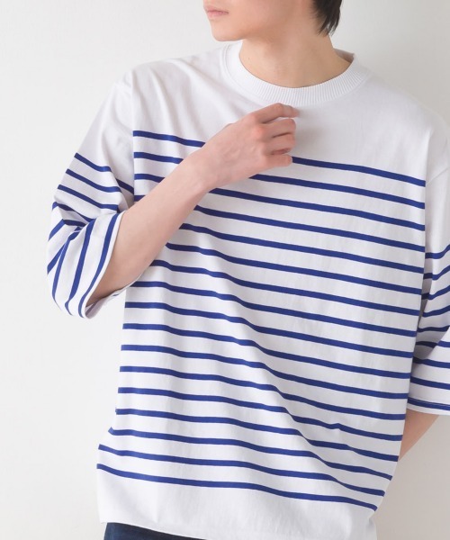 OMNES(オムネス)の「メンズパネルボーダーコットン5分袖Tシャツ(Tシャツ/カットソー・メンズ・ネイビー×ホワイト/ホワイト×ブラック/ホワイト×グリーン/ホワイト×ブルー・LARGE/MEDIUM)」の17枚目の写真