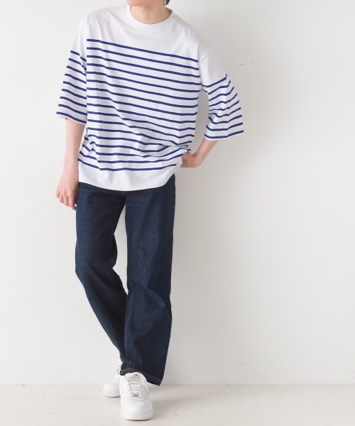 OMNES(オムネス)の「メンズパネルボーダーコットン5分袖Tシャツ(Tシャツ/カットソー・メンズ・ネイビー×ホワイト/ホワイト×ブラック/ホワイト×グリーン/ホワイト×ブルー・LARGE/MEDIUM)」の9枚目の写真