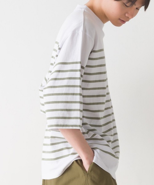 OMNES(オムネス)の「メンズパネルボーダーコットン5分袖Tシャツ(Tシャツ/カットソー・メンズ・ネイビー×ホワイト/ホワイト×ブラック/ホワイト×グリーン/ホワイト×ブルー・LARGE/MEDIUM)」の5枚目の写真