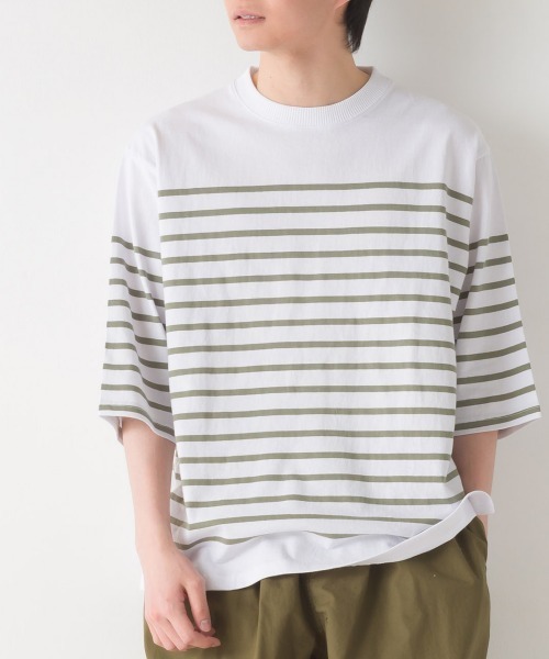 OMNES(オムネス)の「メンズパネルボーダーコットン5分袖Tシャツ(Tシャツ/カットソー・メンズ・ネイビー×ホワイト/ホワイト×ブラック/ホワイト×グリーン/ホワイト×ブルー・LARGE/MEDIUM)」の16枚目の写真