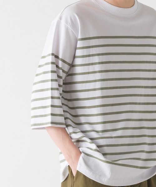 OMNES(オムネス)の「メンズパネルボーダーコットン5分袖Tシャツ(Tシャツ/カットソー・メンズ・ネイビー×ホワイト/ホワイト×ブラック/ホワイト×グリーン/ホワイト×ブルー・LARGE/MEDIUM)」の6枚目の写真
