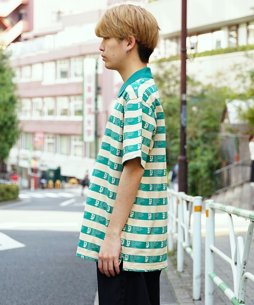 HUF ハフ 総柄 ベロアポロシャツ ベージュ L SCRIPT STRIPE VELOR LS POLO / HUF ハフ 長袖ポロシャツ