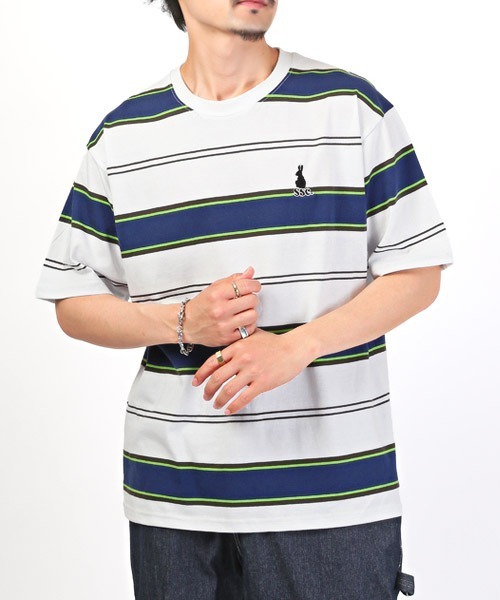 LUXSTYLE(ラグスタイル)の「マルチボーダーワンポイント刺繍半袖Tシャツ(Tシャツ/カットソー・メンズ・パープル/ホワイト/ブラック・L/M)」の1枚目の写真