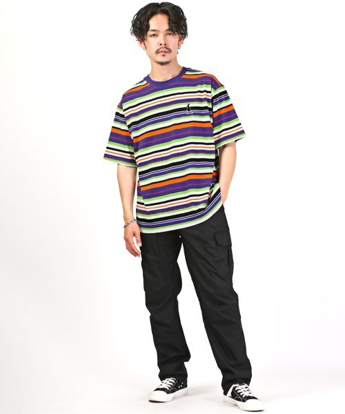 LUXSTYLE(ラグスタイル)の「マルチボーダーワンポイント刺繍半袖Tシャツ(Tシャツ/カットソー・メンズ・パープル/ホワイト/ブラック・L/M)」の8枚目の写真