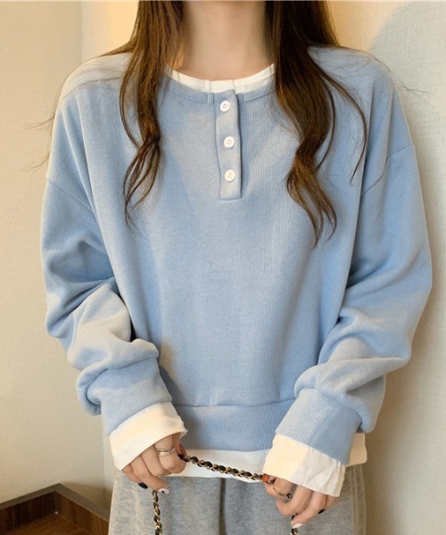 deux amour（ドゥーザムール）の「レイヤード風ヘンリーロンT（Tシャツ/カットソー・レディース・グレー/グリーン/ブラック/ブルー・FREE）」の4枚目の写真